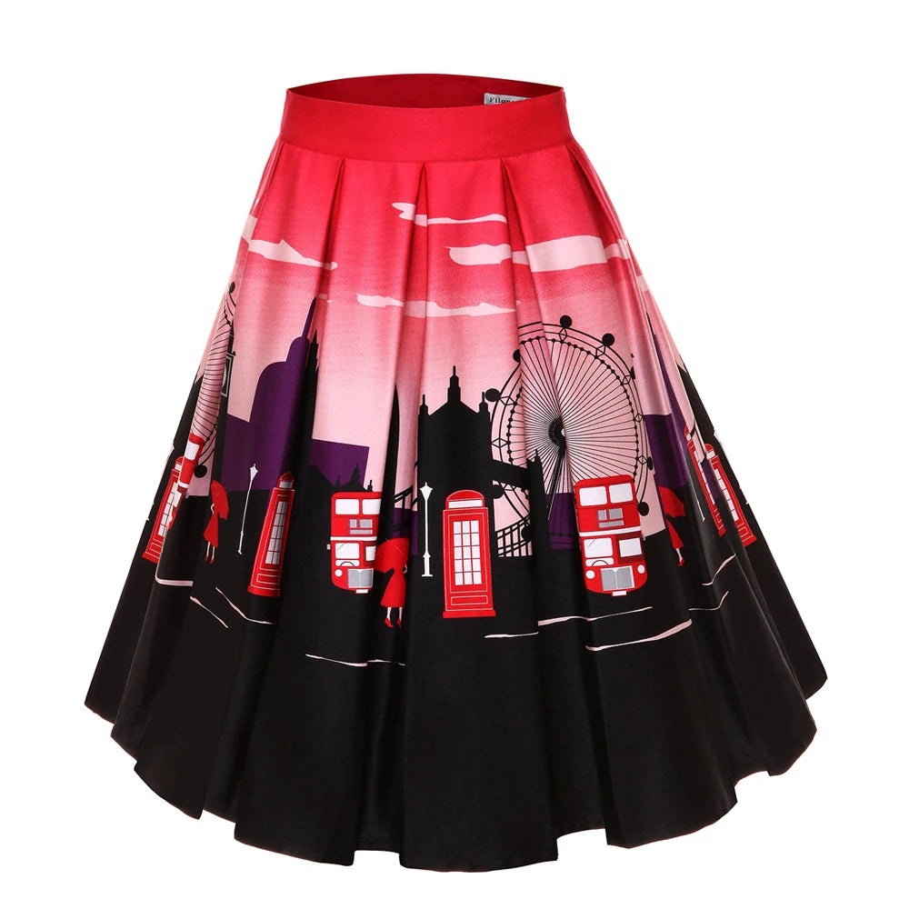 4XL Floral Music Print 50s 60s Swing Skirts Summer Casual Retro High Waisted Pleated Rockabilly Vintage Jurken Women Clothing