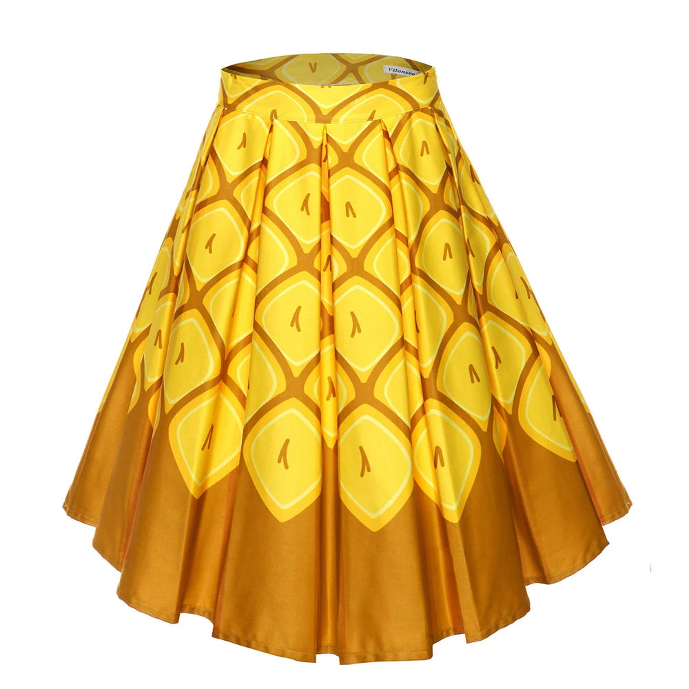 4XL Floral Music Print 50s 60s Swing Skirts Summer Casual Retro High Waisted Pleated Rockabilly Vintage Jurken Women Clothing