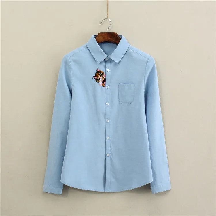 Brand Embroidery Women Blouses 2024 New Spring Women Long Sleeve Blouse Cotton Oxford Casual White Shirts Female Tops Clothing