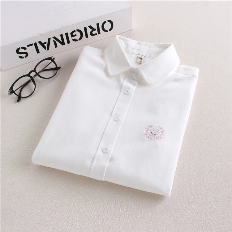 Brand Embroidery Women Blouses 2024 New Spring Women Long Sleeve Blouse Cotton Oxford Casual White Shirts Female Tops Clothing