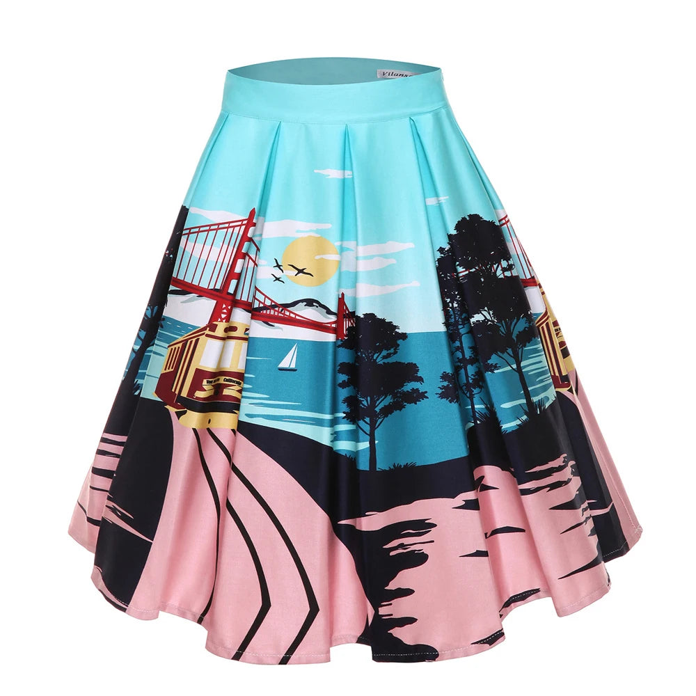 4XL Floral Music Print 50s 60s Swing Skirts Summer Casual Retro High Waisted Pleated Rockabilly Vintage Jurken Women Clothing