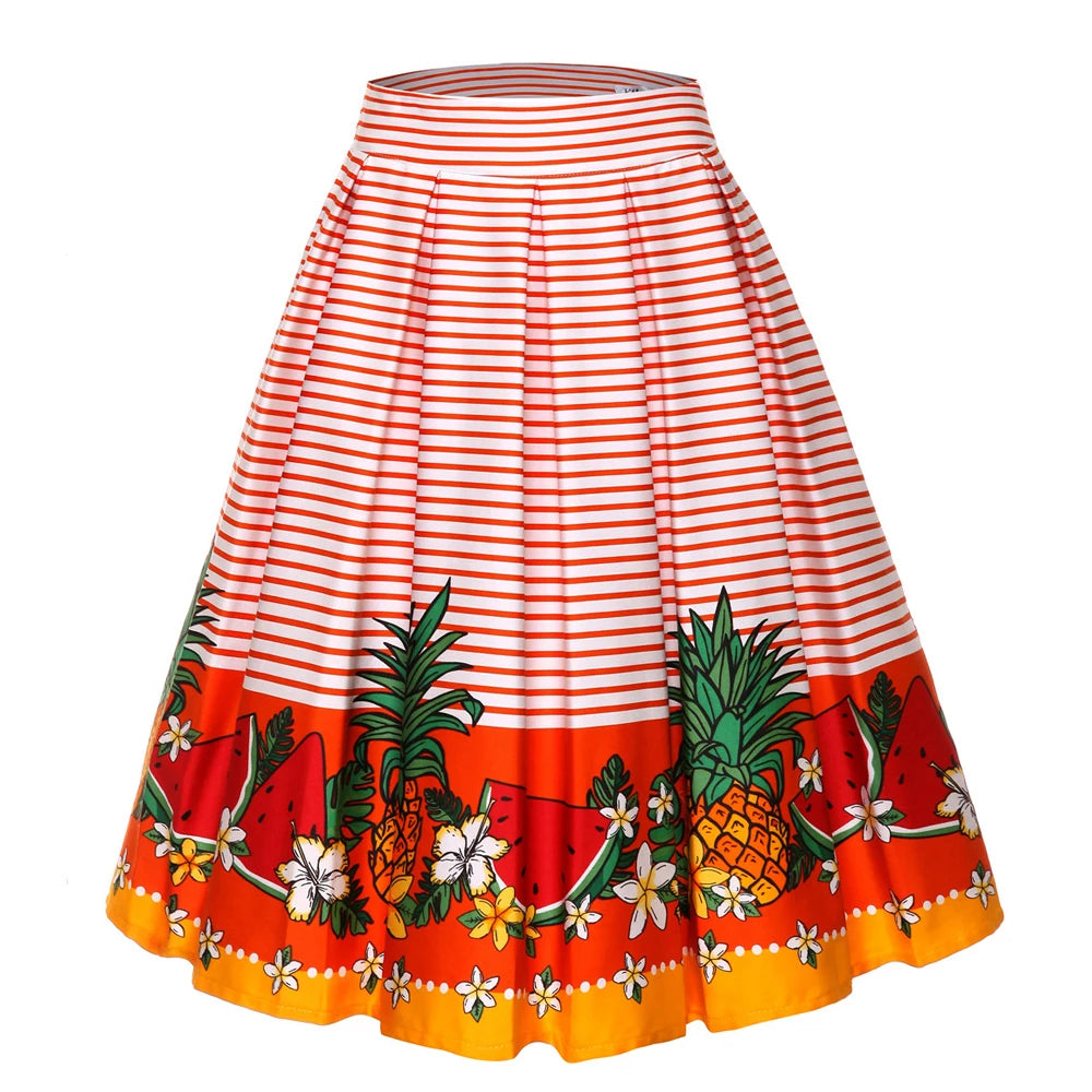 4XL Floral Music Print 50s 60s Swing Skirts Summer Casual Retro High Waisted Pleated Rockabilly Vintage Jurken Women Clothing