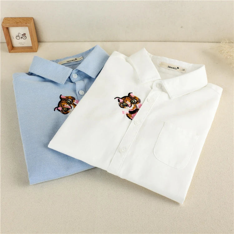 Brand Embroidery Women Blouses 2024 New Spring Women Long Sleeve Blouse Cotton Oxford Casual White Shirts Female Tops Clothing