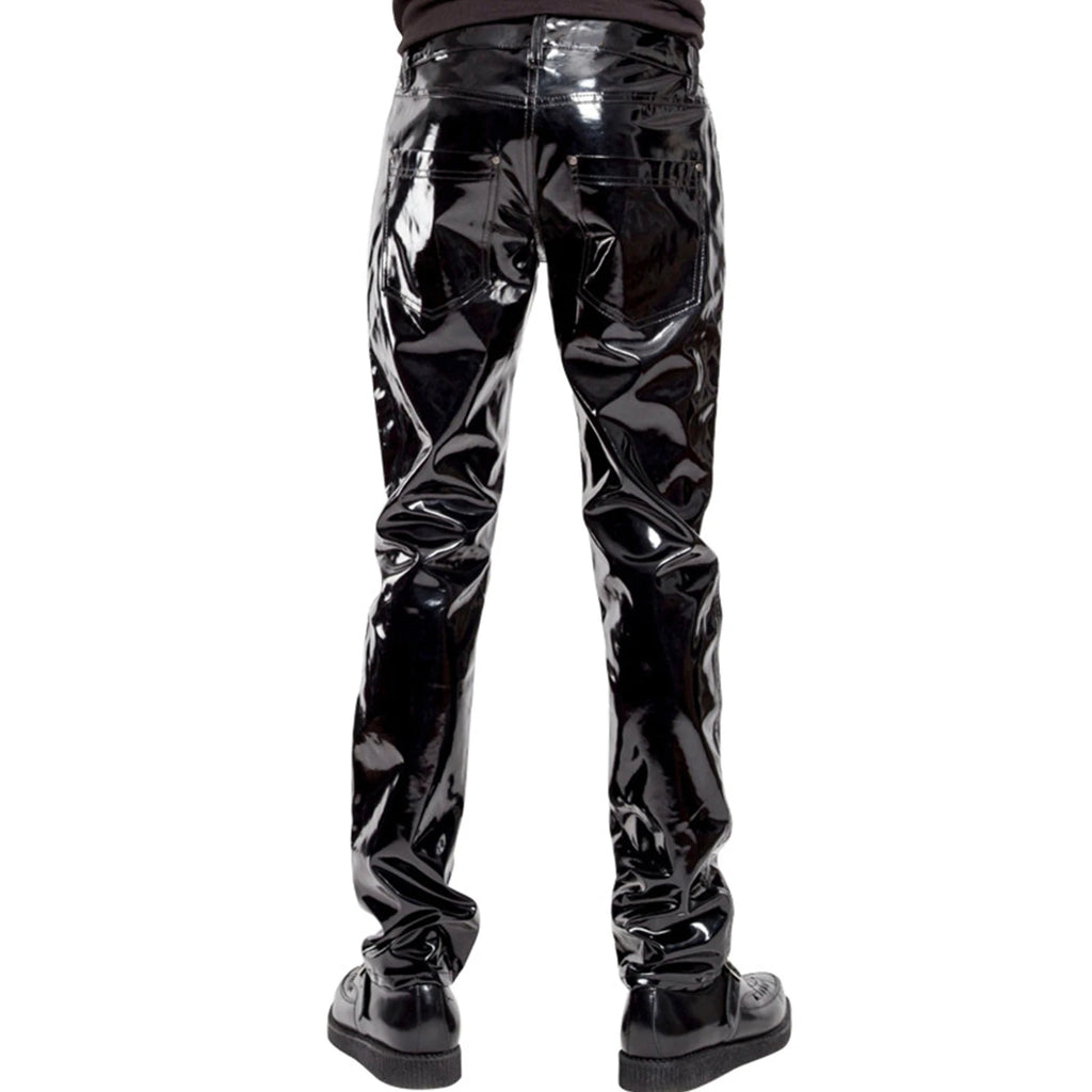 Men Wet Look Patent Leather Full Length Pants Boys Black Glossy Mid Waist Straight Trousers Bar Nightclub Stage Show Costumes
