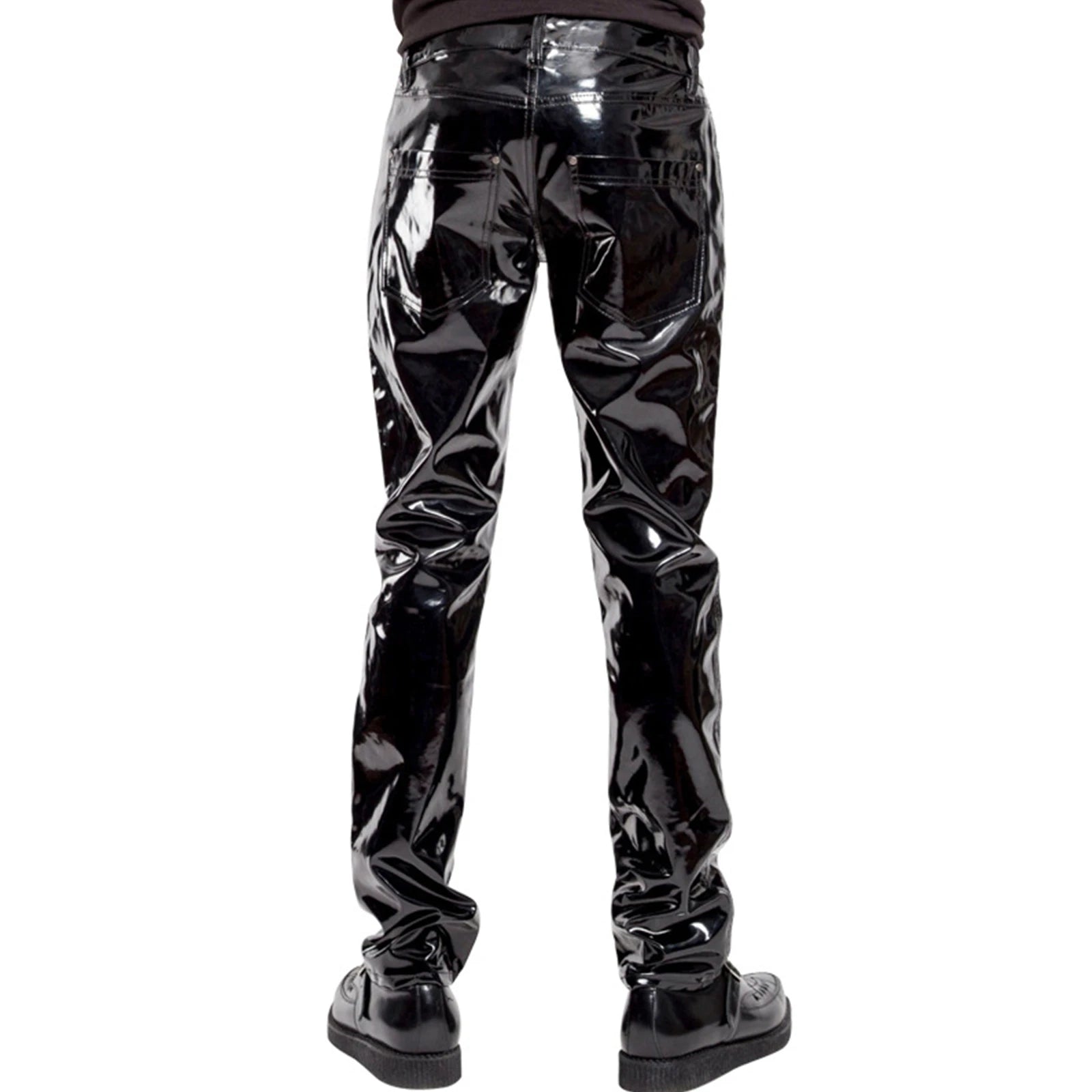 Men Wet Look Patent Leather Full Length Pants Boys Black Glossy Mid Waist Straight Trousers Bar Nightclub Stage Show Costumes