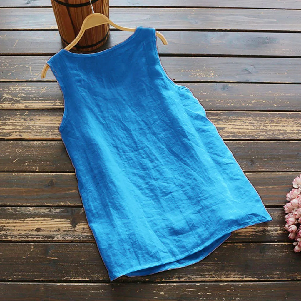 Womens Plus Size Sleeveless Cotton Linen Tops And Blouses Vintage Solid Color Loose Tuinc Casual Shirts Lady Summer Vest Blusas