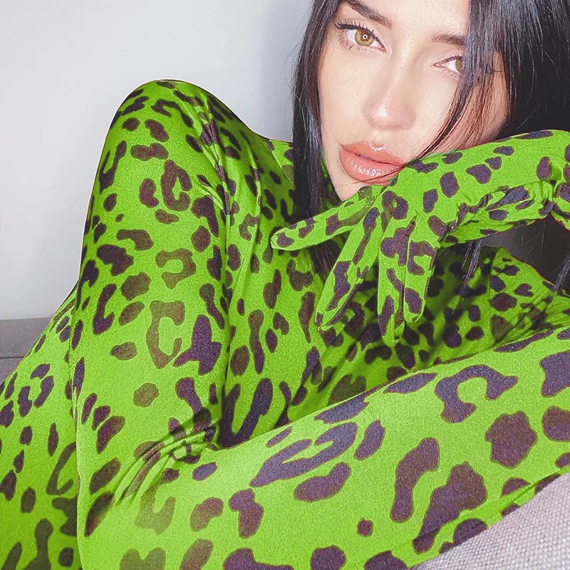 OMSJ Hot Selling Trendy Hipster Turtleneck Rompers For Women Full Sleeve Connection Gloves Leopard Print Streetwear Y2k Body Top