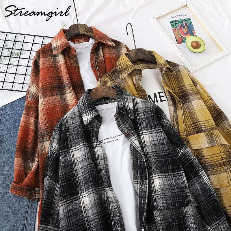 Women Woolen Plaid Shirt Oversize Women's Blouse Spring 2025 Loose Thick Oversized Shirt Plaid Winter Warm Shirt Coat Woolen