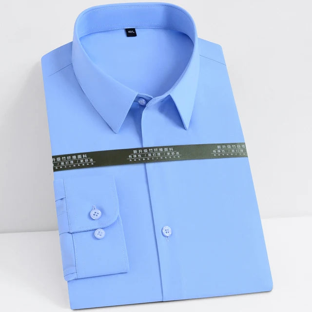 Men's Casual Stretchy Long Sleeve Solid Dress Shirt Without Pocket Formal Business Standard-fit Bamboo-fiber Work Office Shirts