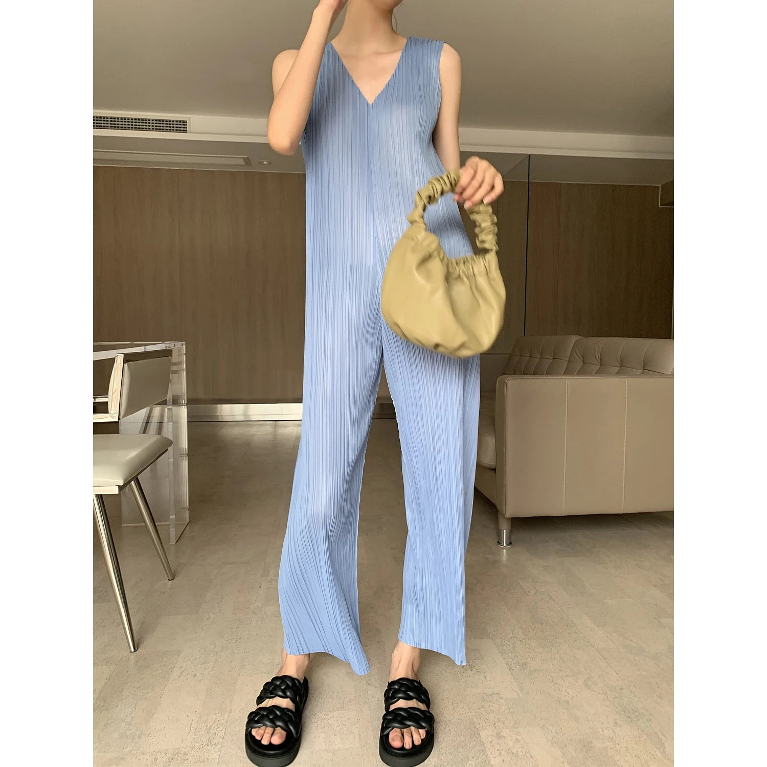 Miyake Pleated Jumpsuit Spring Summer New Clothes Korean Fashion Women Matte fashionable Pleated Jumpsuit Body Women Clothing