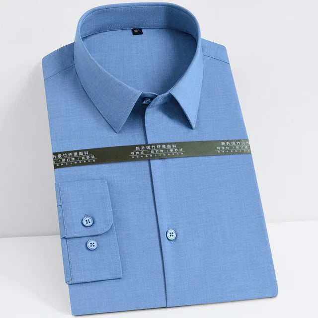 Men's Casual Stretchy Long Sleeve Solid Dress Shirt Without Pocket Formal Business Standard-fit Bamboo-fiber Work Office Shirts