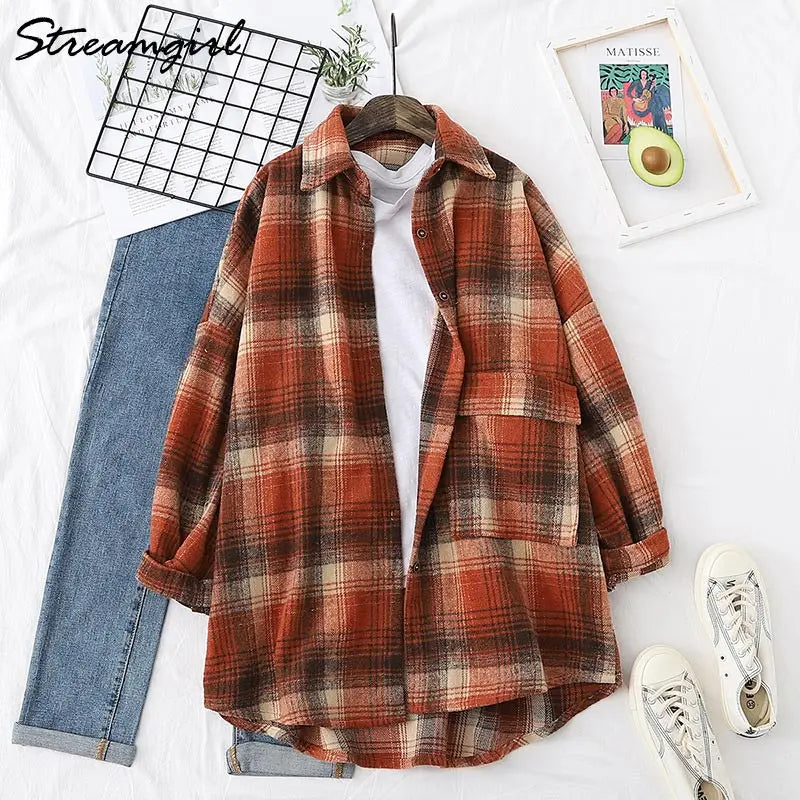 Women Woolen Plaid Shirt Oversize Women's Blouse Spring 2025 Loose Thick Oversized Shirt Plaid Winter Warm Shirt Coat Woolen