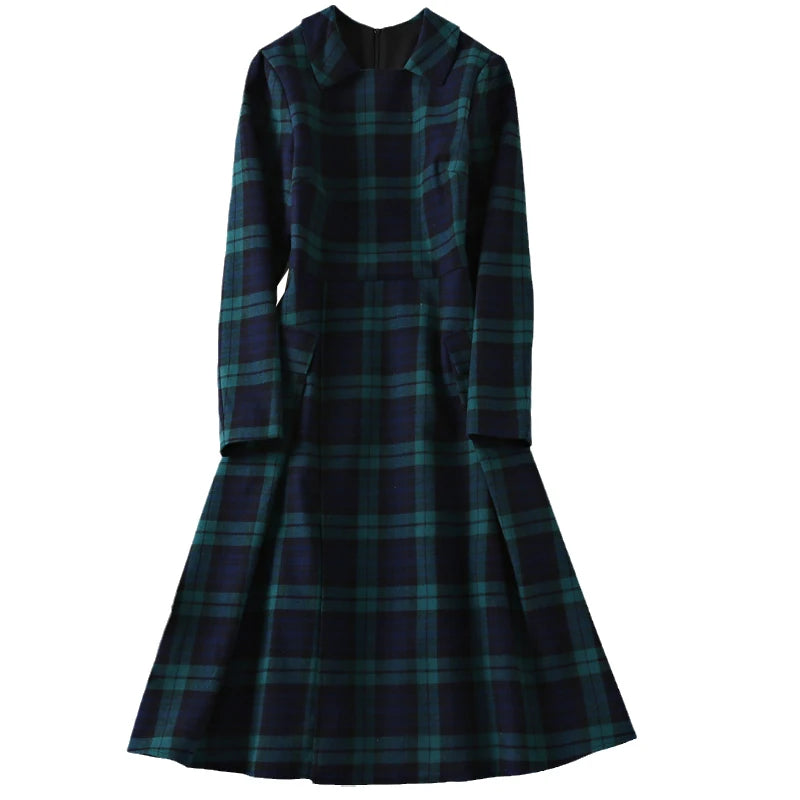 Women's Plaid Midi Dress, Princess Designer, High Quality Spring, Autumn, Party, Casual, Office, Vintage Workplace, Elegant, New
