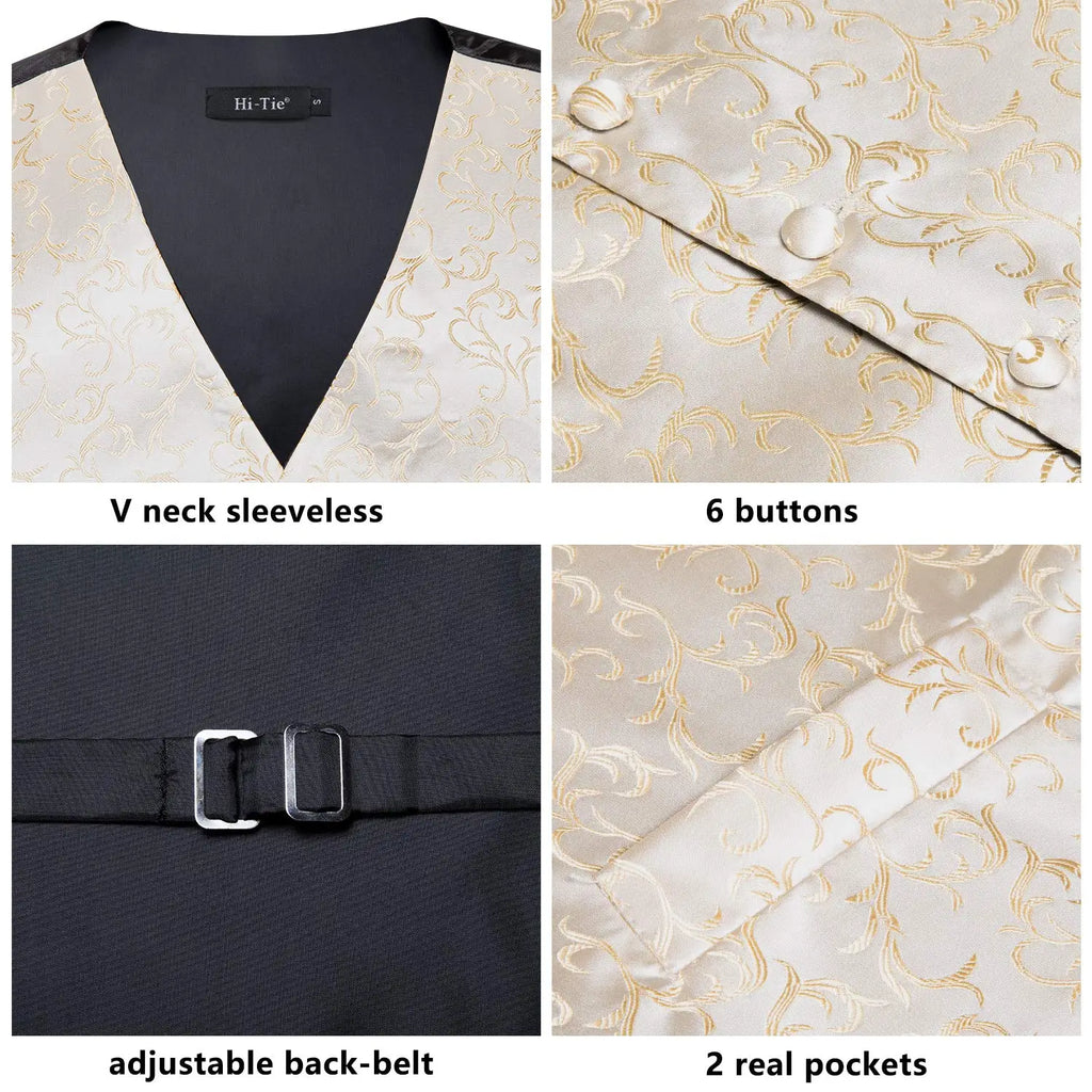 Hi-Tie Silk Mens Vests Jacquard Champagne Floral Waistcoat Tie Bowtie Brooch Hanky Cufflinks Set for Men Suit Weddding Business