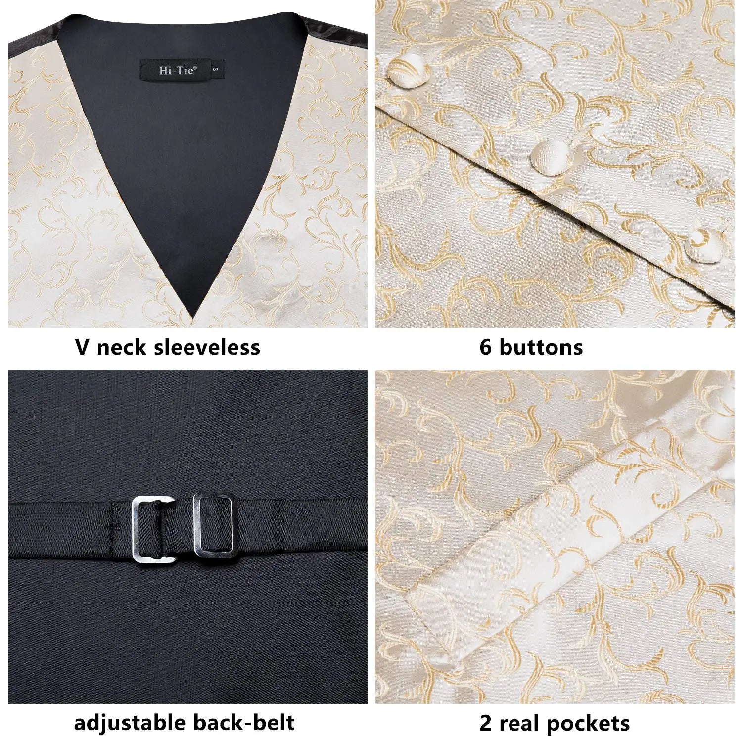 Hi-Tie Silk Mens Vests Jacquard Champagne Floral Waistcoat Tie Bowtie Brooch Hanky Cufflinks Set for Men Suit Weddding Business