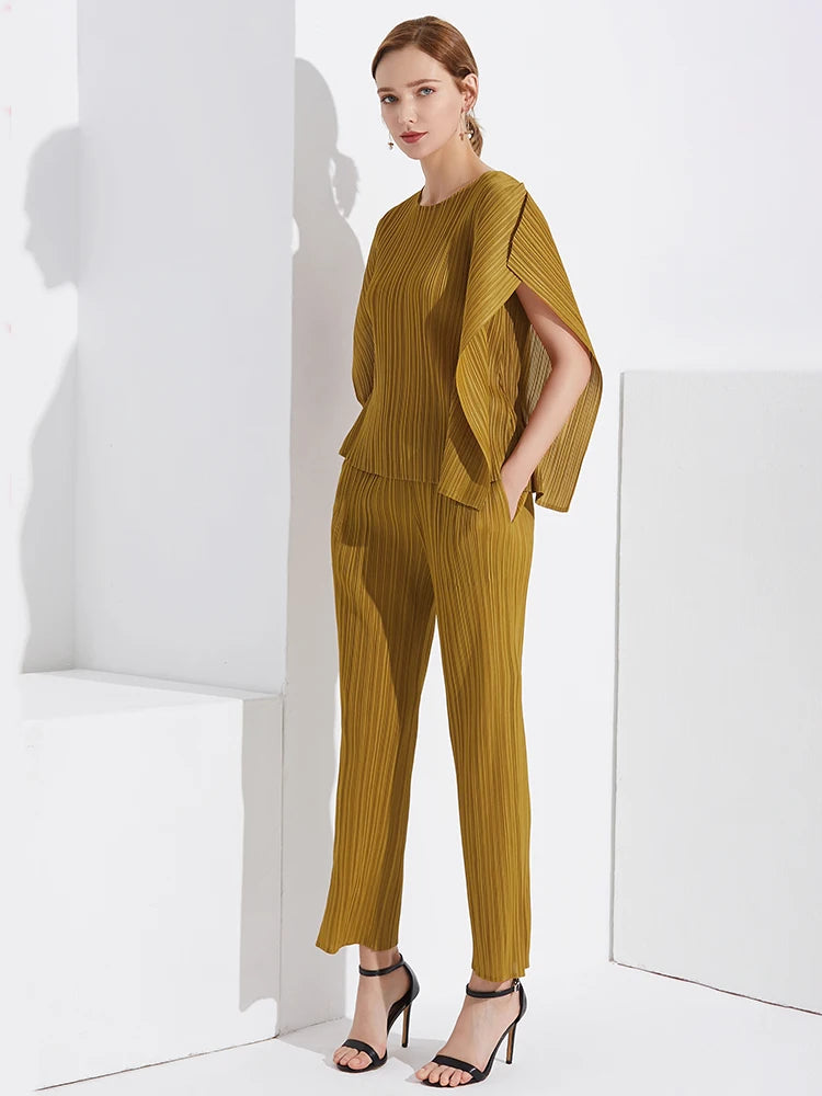 Spring Summer Autumn Women's Casual Elegant Miyake Designer Classical Loose Straight Pleated Pants High Waist Trousers In Stock