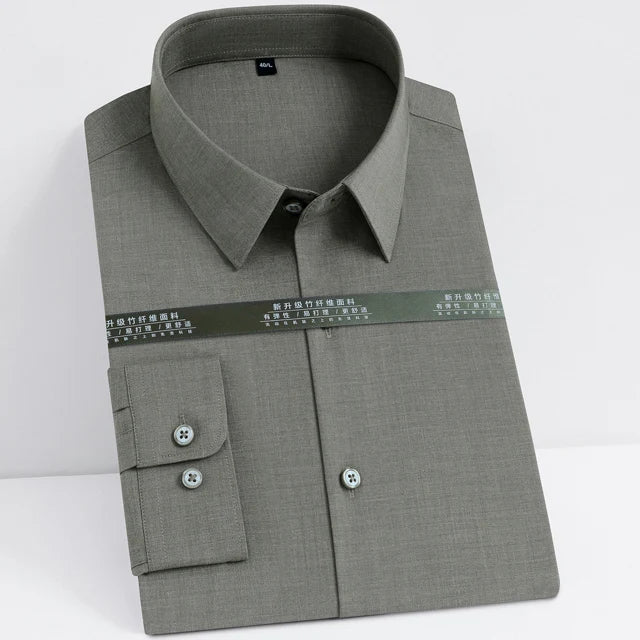 Men's Casual Stretchy Long Sleeve Solid Dress Shirt Without Pocket Formal Business Standard-fit Bamboo-fiber Work Office Shirts