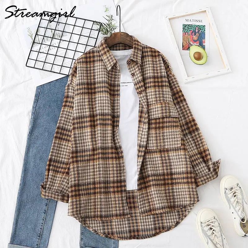 Women Woolen Plaid Shirt Oversize Women's Blouse Spring 2025 Loose Thick Oversized Shirt Plaid Winter Warm Shirt Coat Woolen