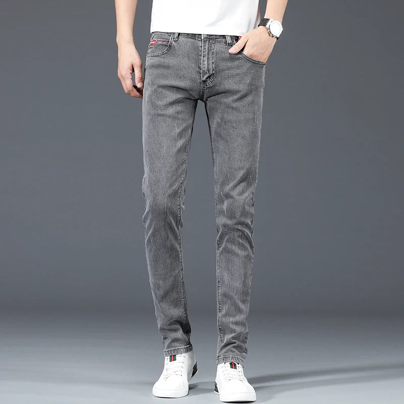 New Fashion Brand Slim Gray Blue Skinny Jeans Men Business Casual Classic Cotton Trend Elastic Youth Pencil Denim Trousers