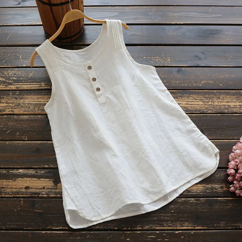 Womens Plus Size Sleeveless Cotton Linen Tops And Blouses Vintage Solid Color Loose Tuinc Casual Shirts Lady Summer Vest Blusas