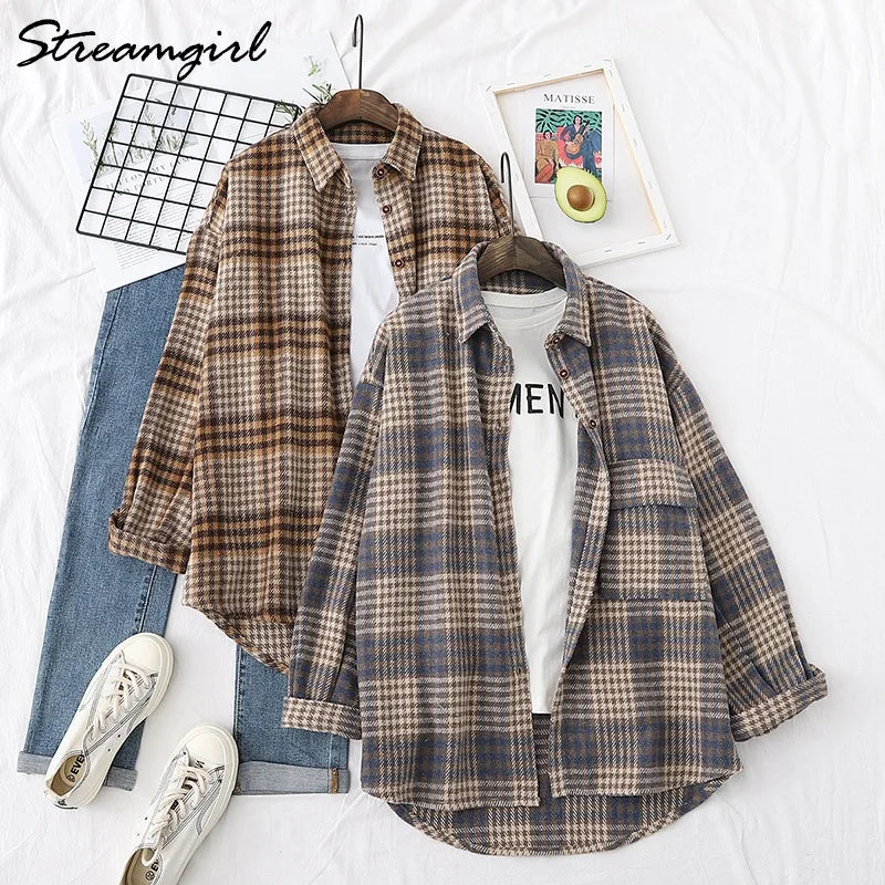 Women Woolen Plaid Shirt Oversize Women's Blouse Spring 2025 Loose Thick Oversized Shirt Plaid Winter Warm Shirt Coat Woolen