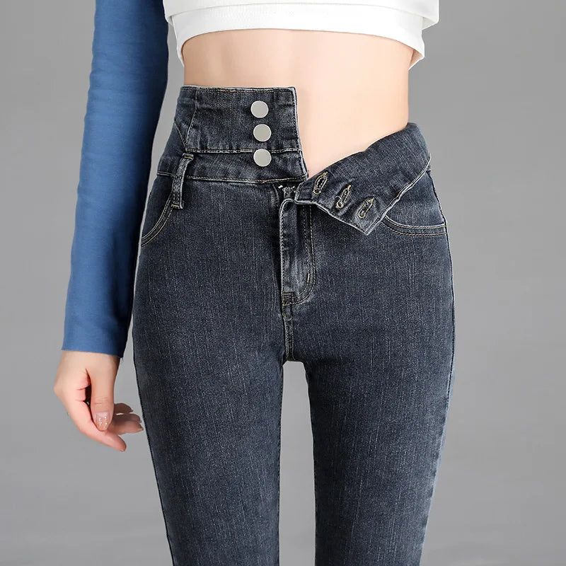 High-quality New Vintage High-waist Stretch Skinny Jeans, Women's Fashion Stretch Button Pencil Pants, Mom Casual Jeans Pants