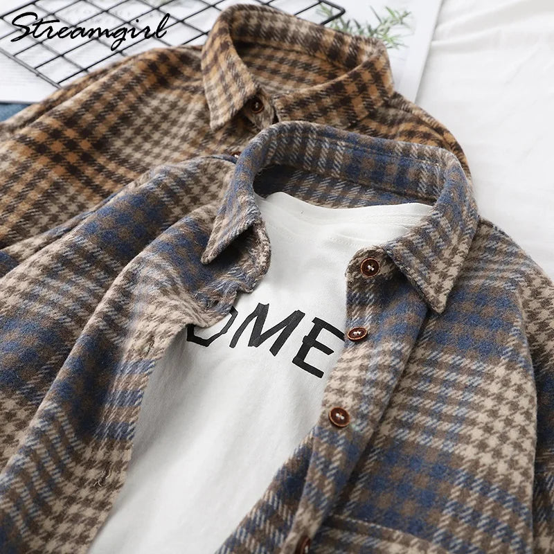 Women Woolen Plaid Shirt Oversize Women's Blouse Spring 2025 Loose Thick Oversized Shirt Plaid Winter Warm Shirt Coat Woolen