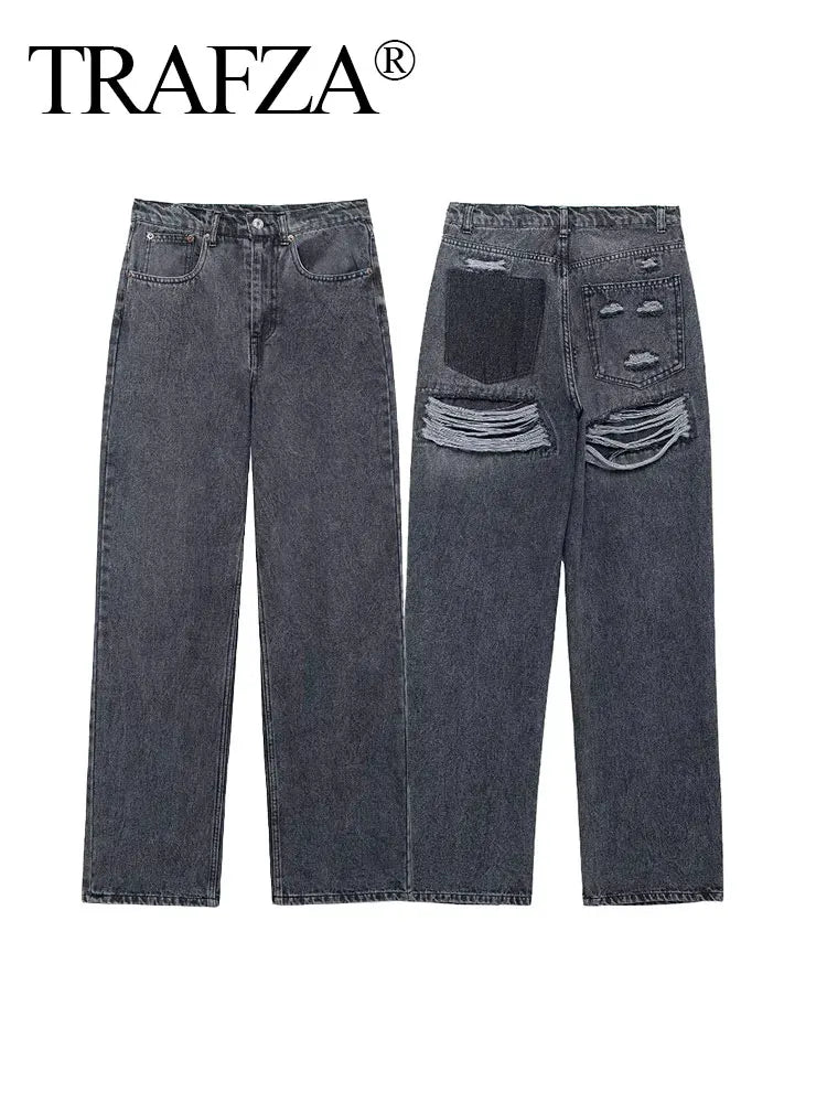 TRAFZA 2024 Women's Street Fashion Denim Blue Jeans Distressed Patchwork High Waist Zipper Fly Ripped Retro Long Pants