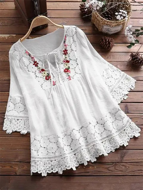 Summer Women Casual Solid Tops Shirt Cotton And Linen Stitching Lace Flower V-neck Loose Top Blouse New Elegant Holiday Shirts