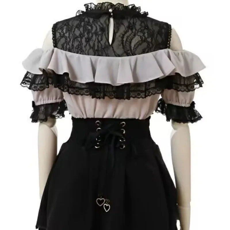 Harajuku Sweet Blouses Women Lolita Elegant Love Heart Bow Off Shoulder JK Shirt Girls Casual Lace Ruffles Y2k Tops Mujer Blusas