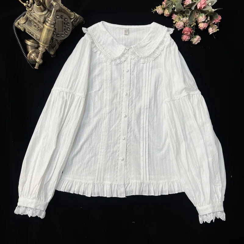 Sweet Lolita Blouses Women Cute Lace Bow Shirts Kawai Peter Pan Collar Long Sleeve Blouse Girl Cotton Comfortable Lolita Clothes