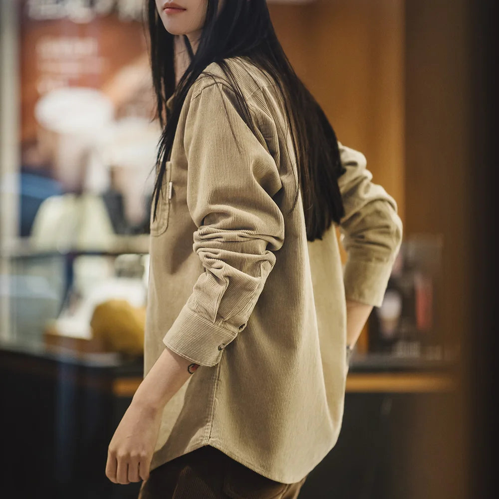 Maden Women's Vintage Corduroy Shirt Classical Turn-down Collar Long Sleeve Shirts Cotton Solid Color Loose Blouses Women Tops