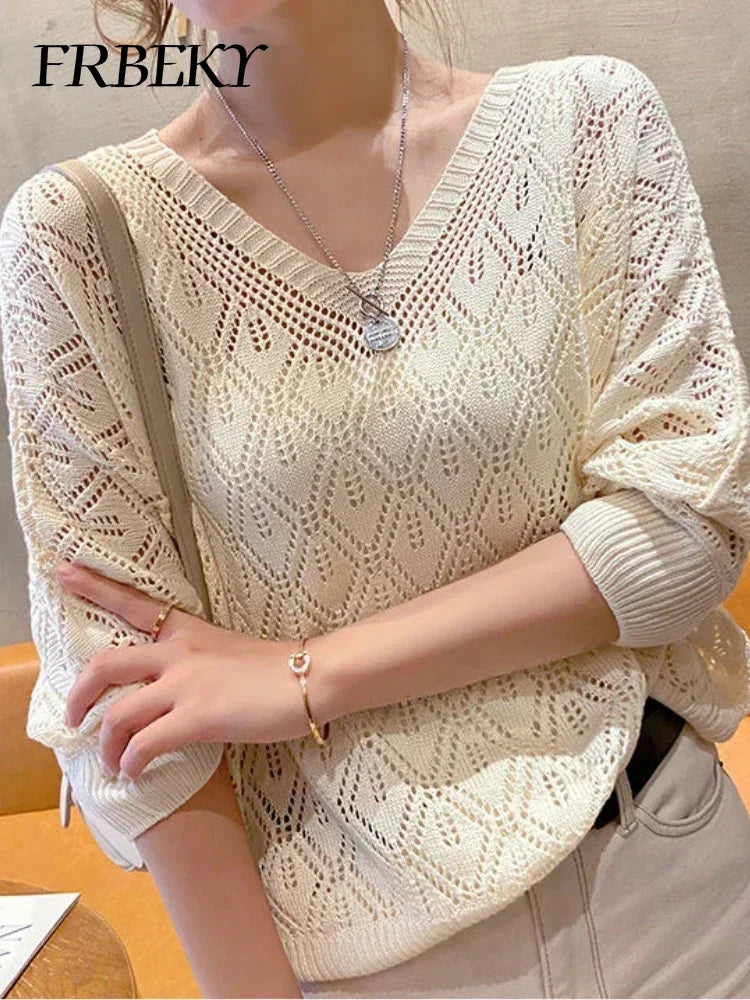 Women's Sweater Fashion V-neck Crochet Hollow Knit Sweater Autumn Thin Loose Bat Shirt Short Paragraph Ladies Tops Korean Jumper