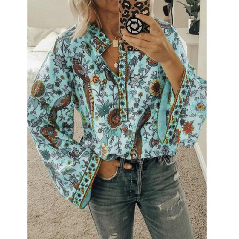 Bohemia Flower Printed Women's Blouse Flare Sleeve O-neck Casual Blouse Female New Autumn Fashion Ethnic Retro Ladies Shirt Tops