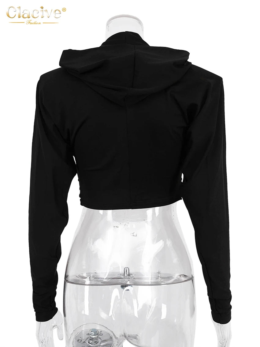 Clacive Fashion Black Knitted Women'S Shirt Elegant Slim Hooded Long Sleeve Shirts Streetwear Classic Crop Tops Female Clothing