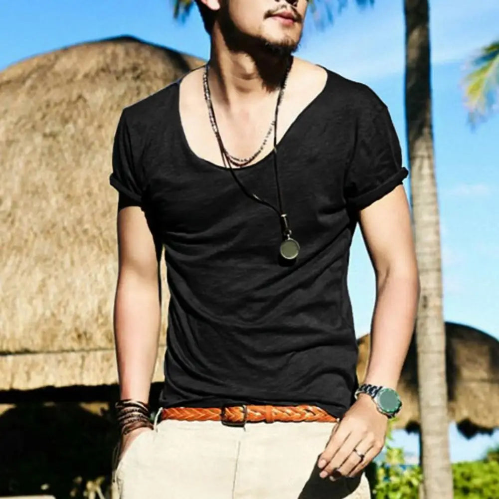Men Summer T-shirt Large V Neck Thin Casual Male T-shirt Solid Color Slim Fit Breathable Short Sleeves Stretchy Men Top