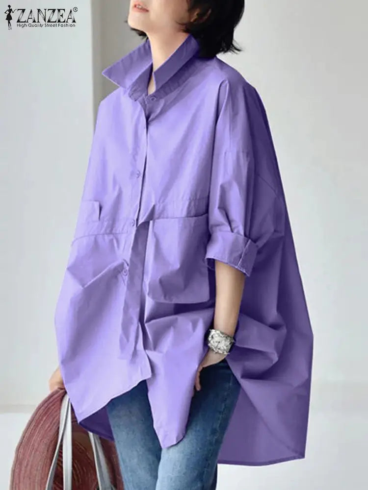 2025 ZANZEA Women Oversized Shirt Autumn Fashion Loose Long Sleeve Collared Blouse Elegant Casual Solid Chemise Tops Streetwear