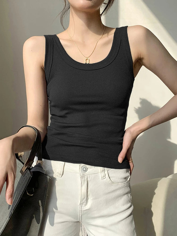 Knit Black Daily Wear Woman Vest Tank Tops Tight Ribbed Female Thick Straps Simple Casual Basic Fashion Summer Clothes 2022