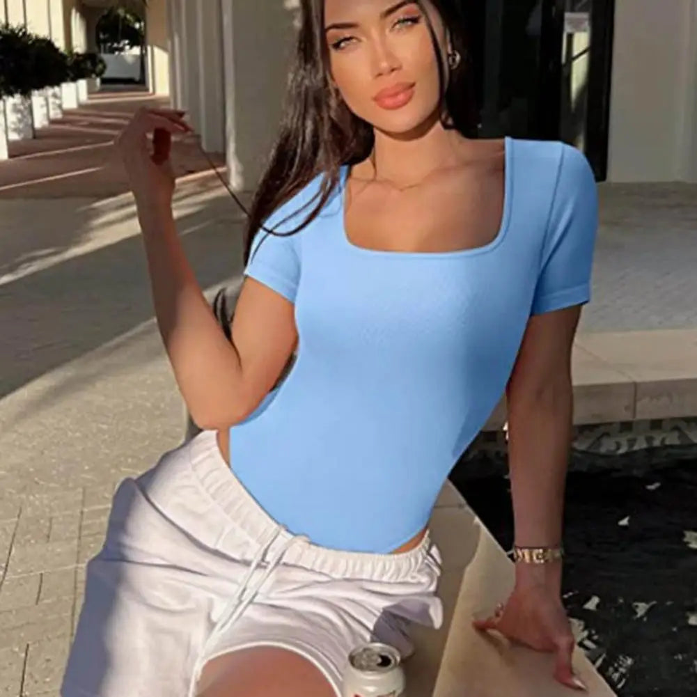 Women Solid Color Playsuit High Elasticity Tummy Control Bodysuit for Women Square Neck Playsuit with Tight Waist Short Sleeves