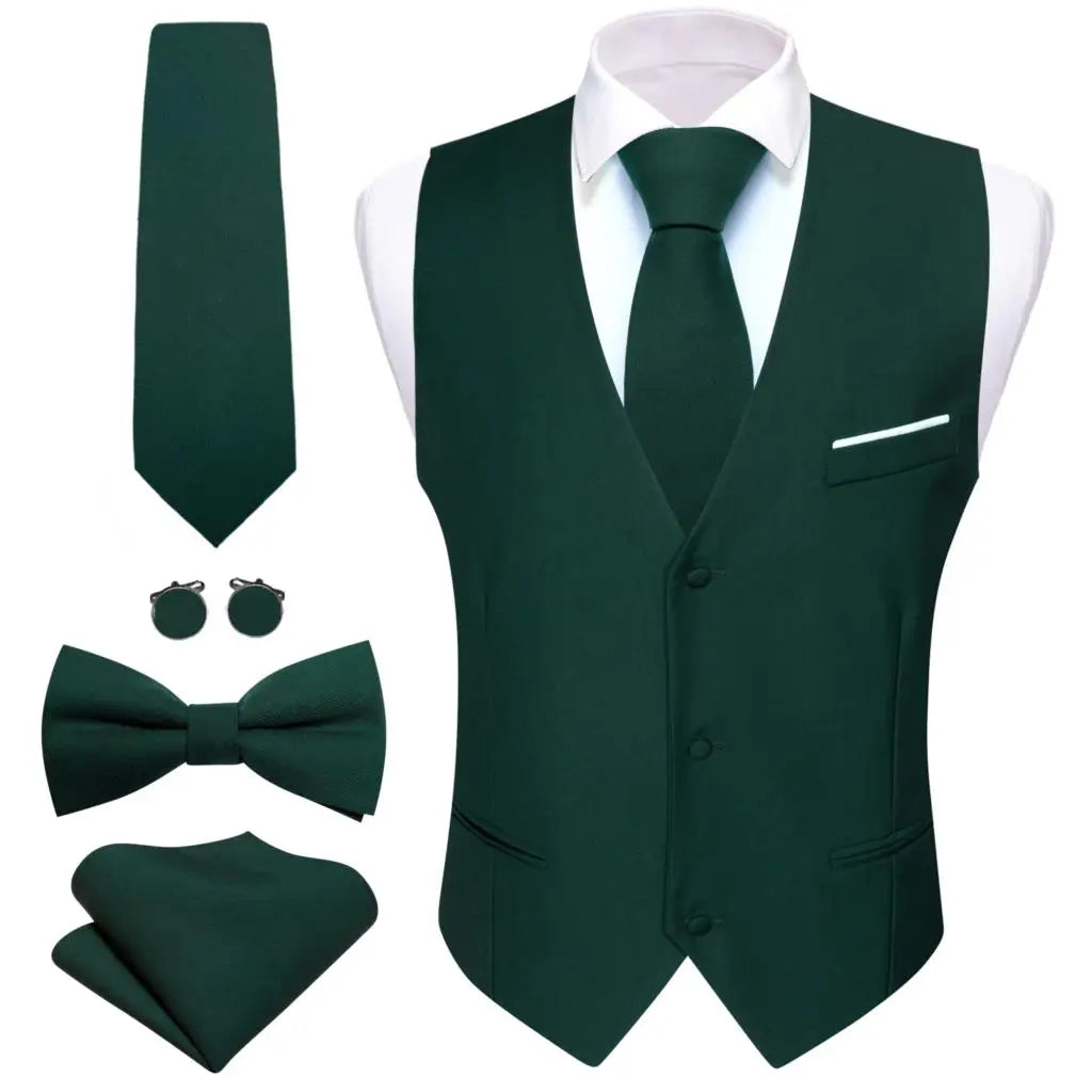 Designer Men's Vest Dark Green Solid Silk Satin Waistcoat Tie Bowtie Hanky Wedding Formal Male Suit Sleeveless Jacket Barry Wang