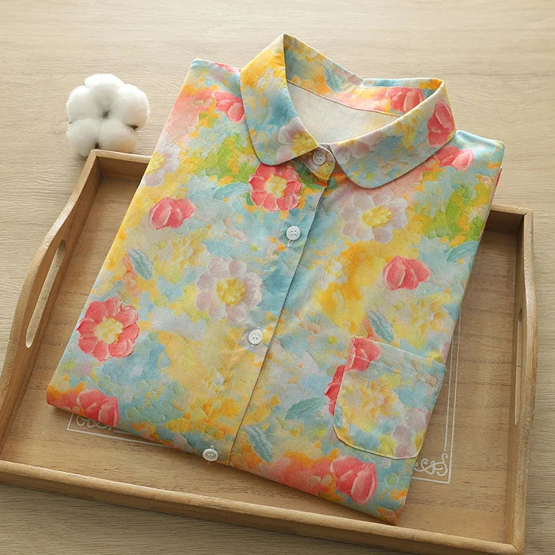 100% Cotton Shirts Women Autumn Spring Japan Style Flower Print Tops Morigirl Long Sleeve Blouses Mori Kei Clothing