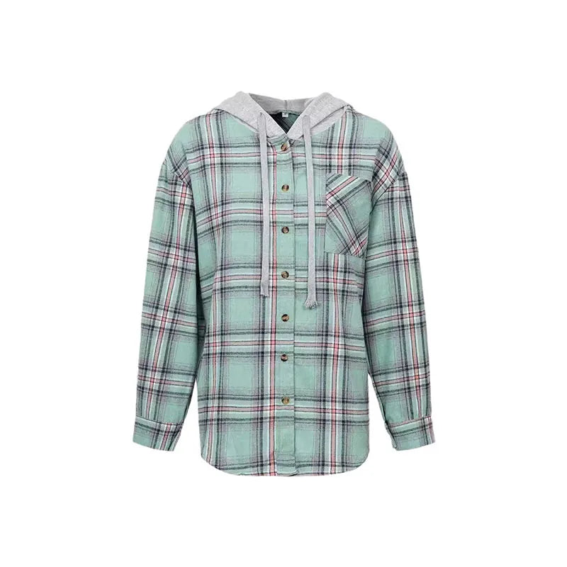 Autumn and winter new hoodie breasted temperament casual shirt coat loose long-sleeved plaid cardigan