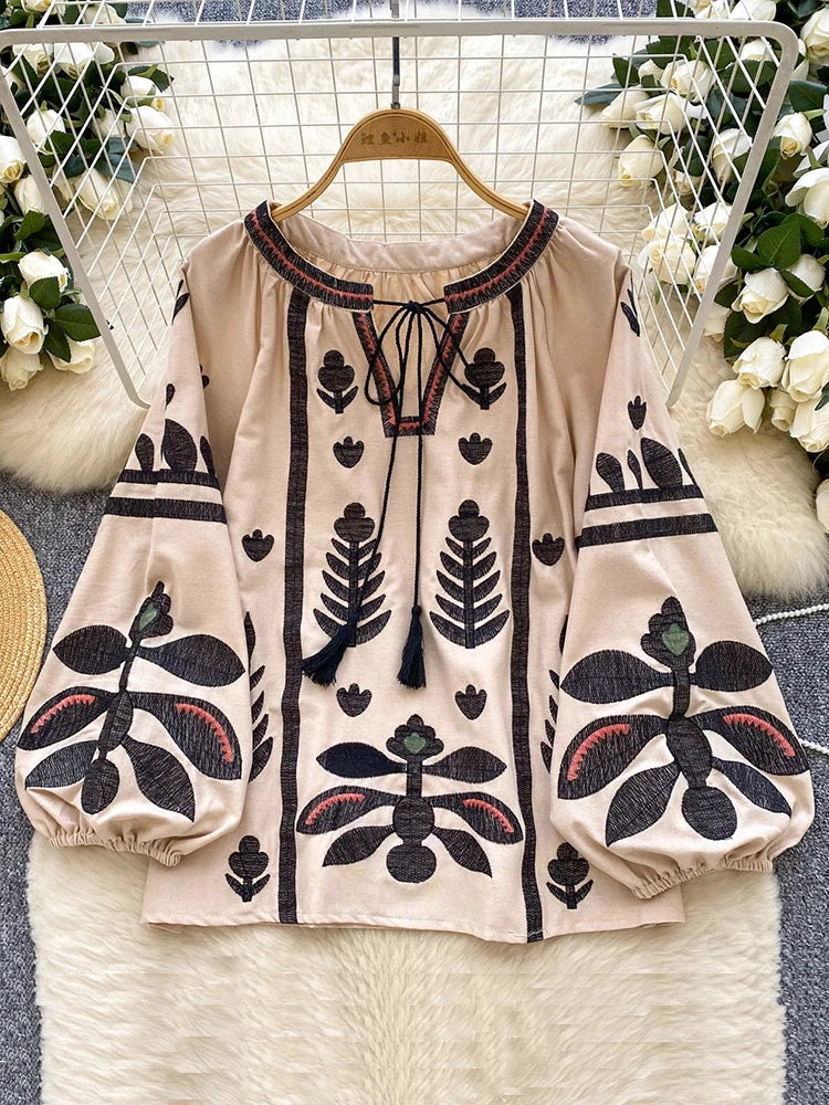 Spring Autumn New Vintage Lantern Sleeve Shirt Women's Embroidered Round Neck Strap Loose Casual Versatile Hoodie Blouse Top D11