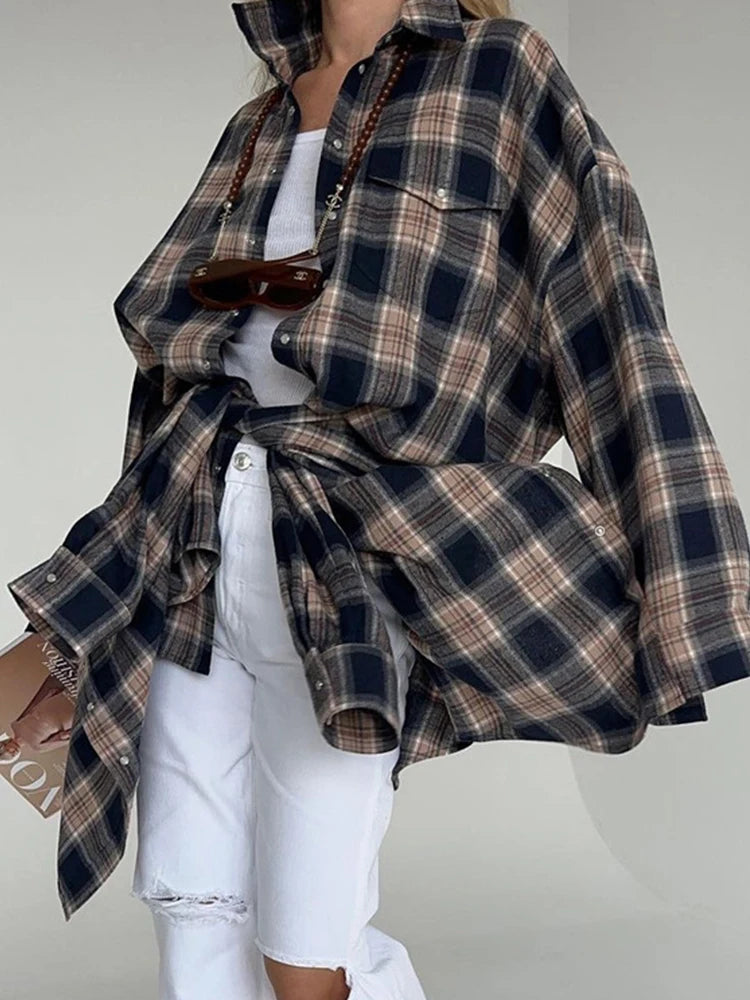 Mumaroho 2024 Women Autumn Winter Long Sleeve Blue Plaid Shirt Vintage Oversized Loose Fit Blouse For Woman