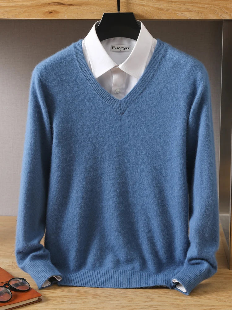 MVLYFLET 2024 NEW Men's 100% Mink Cashmere Sweater V-Neck Pullovers Knit Large Size Winter New Tops Long Sleeve High-End Jumpers