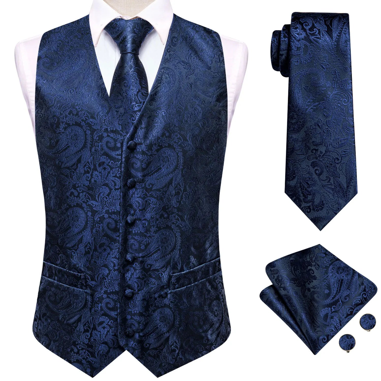 Hi-Tie Navy Blue Mens Vest Formal Silk Paisley Waistcoat Jacket Tie Handkerchief Cufflinks Set For Male Dress Suit Wedding Party