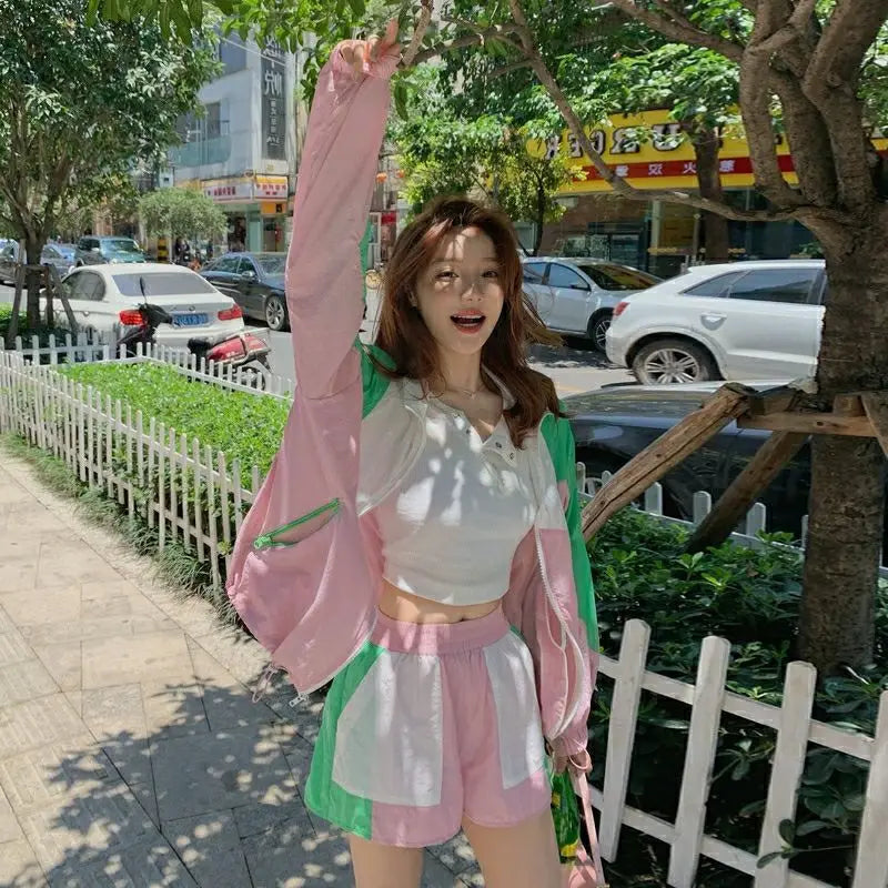 Women's Sports Suit Lapel Zipper Long Sleeve Contrast Coat And Elastic Waist Shorts Casual Female Summer Two Piece Set