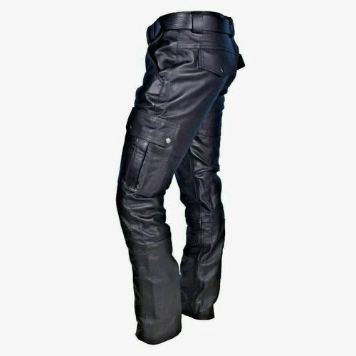 Men's Leather Motorcycle Pants with Cargo Pockets, Black, PU Pants  No Belt, Men Trousers Big Size S-5XL