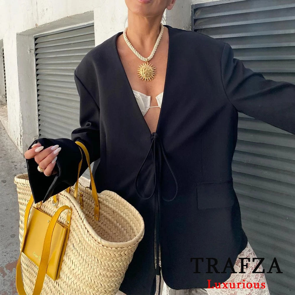 TRAFZA Casual Oversized Black Blazer Women V Neck Bow Tie Pockets Loose Jackets Fashion 2025 Streetwear Women Outwears