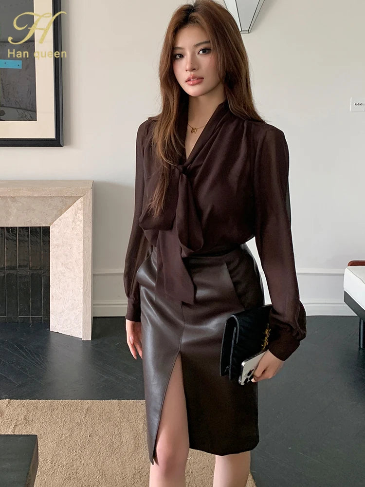 H Han Queen Work Casual Tops Chiffon Blouse New Arrival Shirt Womens Blouse Vintage Bow Elegant Loose Women Business Shirts